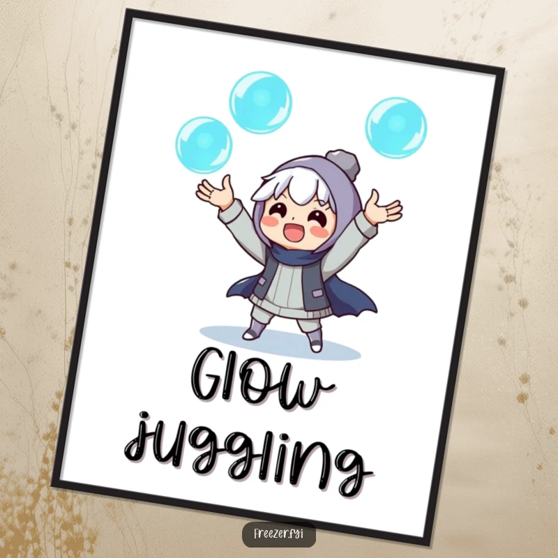 Funny digital art print of an excited character juggling three glowing ice orbs, offering instant magical winter humor.