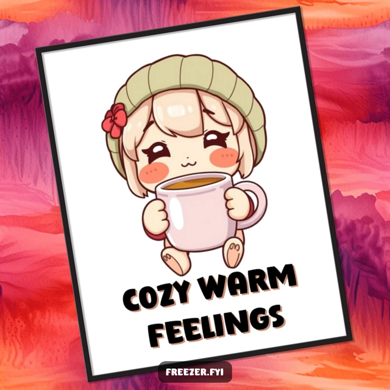 Funny digital art print of a rosy-cheeked character happily holding a warm mug, radiating cozy contentment and cheer.