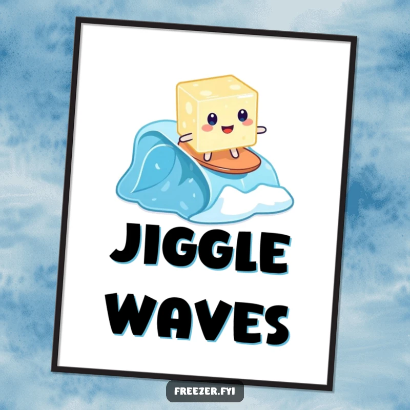 Funny digital art print of a wobbly jelly cube surfing on a tiny frozen wave, printable artistic humor.