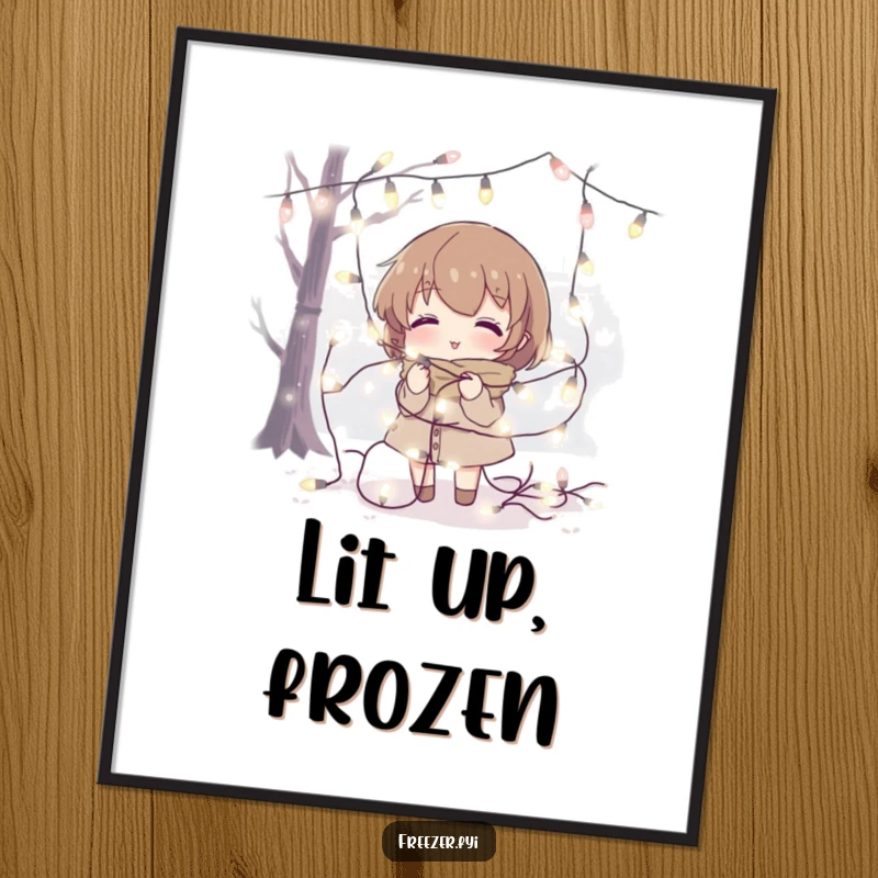 Funny digital art print of a character tangled in fairy lights in a cold setting, perfect for humorous holiday decor.