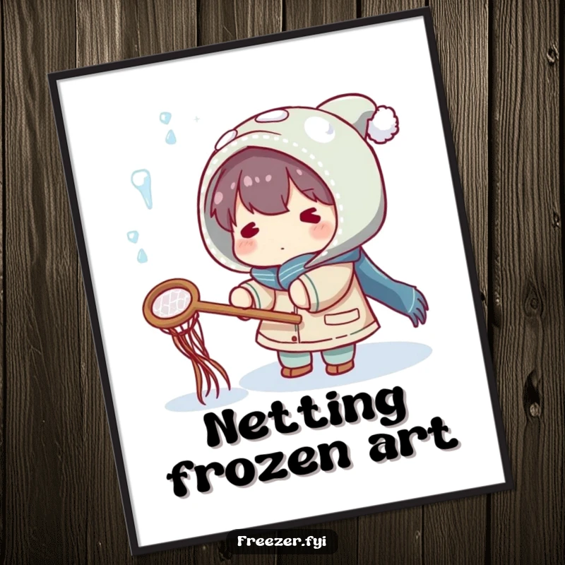 Funny digital art print showing a character playfully trying to catch falling icicles with a small net, adding winter humor to screens.