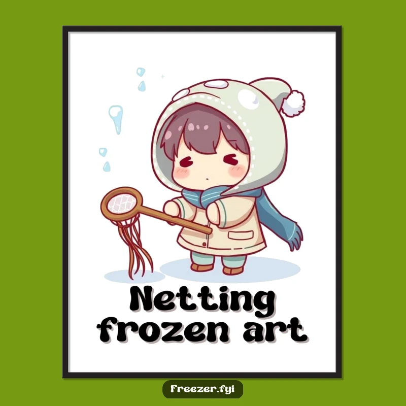 Funny Winter Icicle Digital Art: Character Catches Falling Ice with Net
