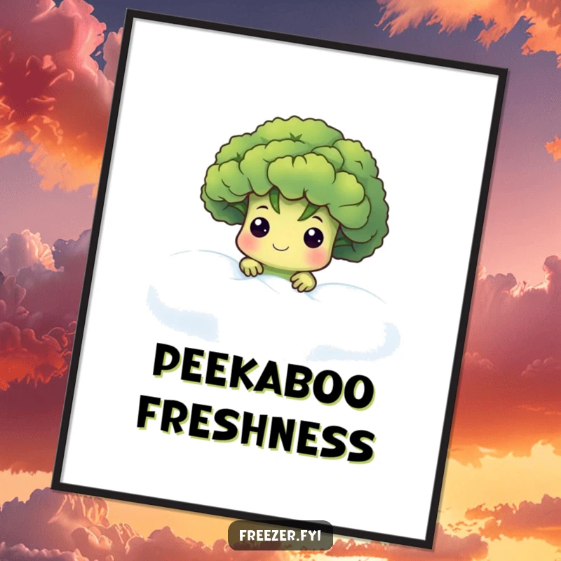 Funny digital art print of a cute broccoli floret character peeking from frosty fog, offering instant humorous and mysterious wall decor.