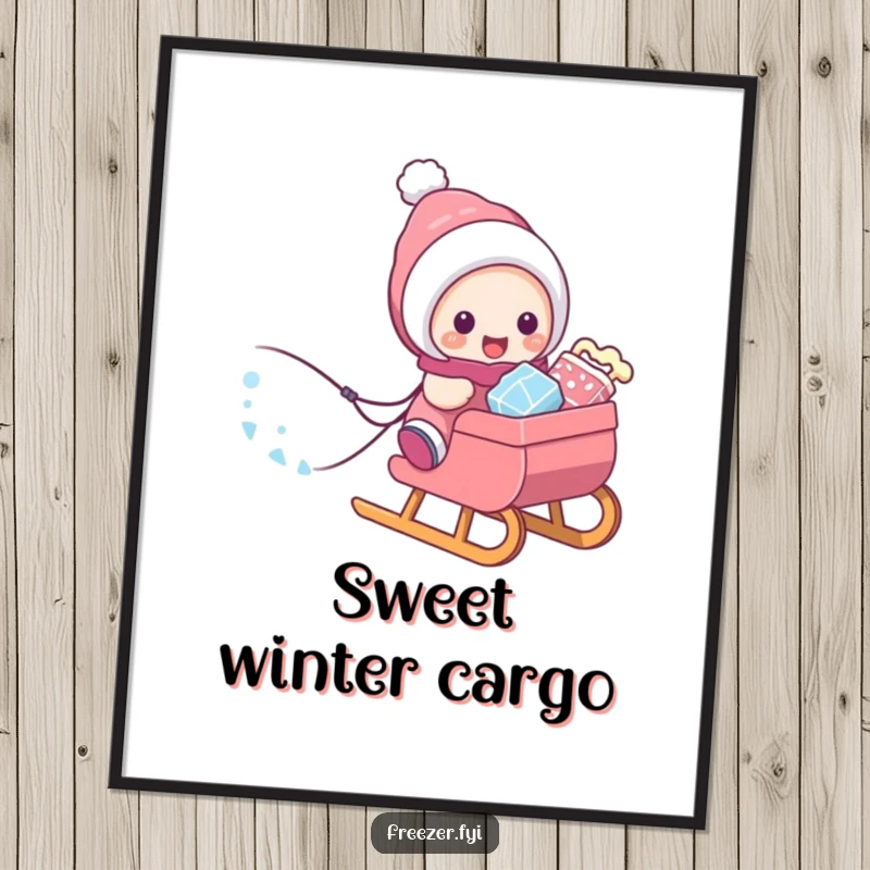 Funny digital art print of a character excitedly pulling a loaded sled of frosty treats, embodying winter's sweet, fun-filled bounty.