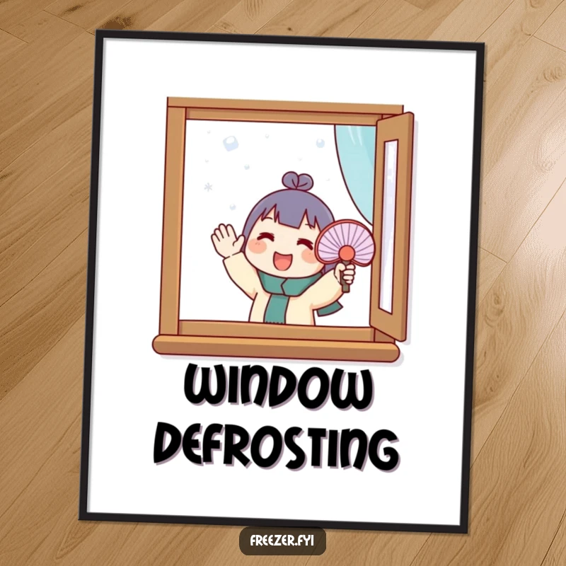 Funny digital art print of a character enthusiastically fanning a small fan at a frosty window. Instant humorous wall decor for a winter-themed space.