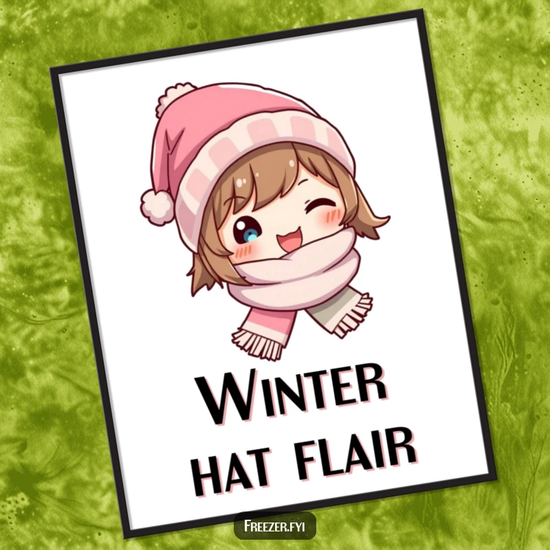 Funny digital art print of a character joyfully wearing a tiny winter hat and scarf, perfect for winter decor.