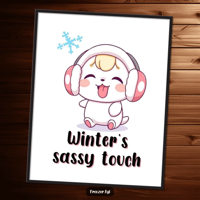 Funny digital art of a cute character wearing earmuffs, playfully sticking its tongue out at a swirling snowflake, for instant humorous decor.