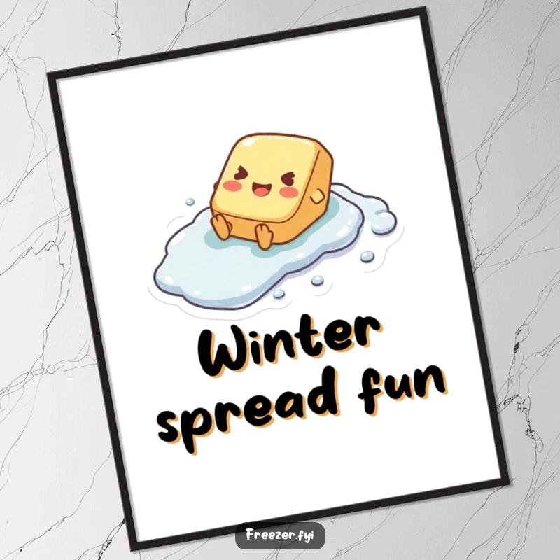 Funny digital art print of a tiny butter pat character joyfully sliding down a frosty, slick surface, capturing motion and happiness.