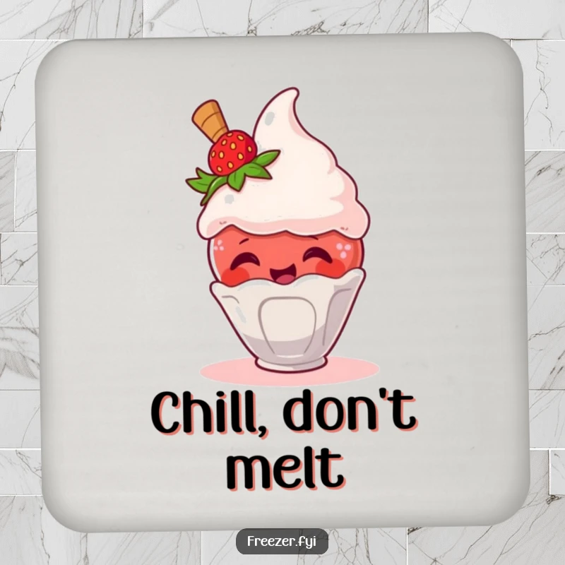 Funny drink coasters with a giggling strawberry escaping an ice cream scoop, adding humor and surface protection.