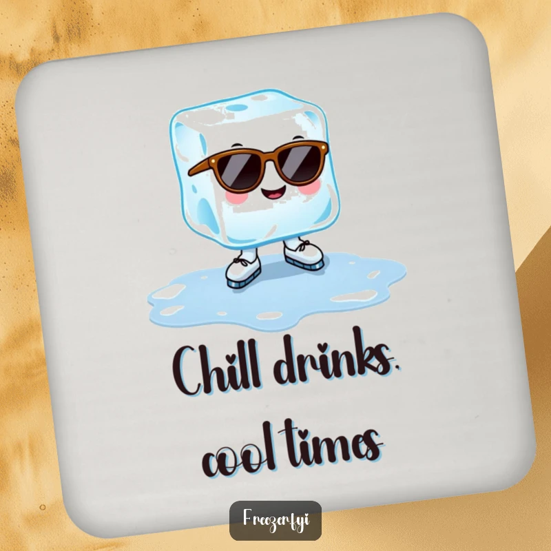 Funny ice cube coaster with a cheerful ice cube wearing sunglasses, ice-skating on a puddle, cool summer housewarming gift.