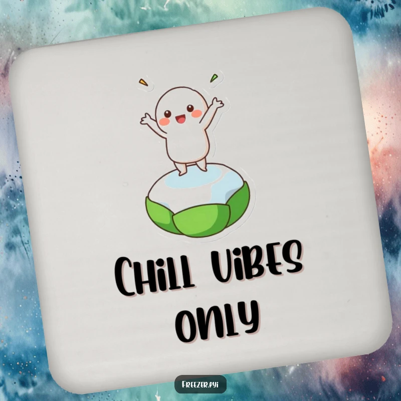 Funny coaster with a character doing a happy dance on a frozen pea, adding a humorous touch to drink protection.
