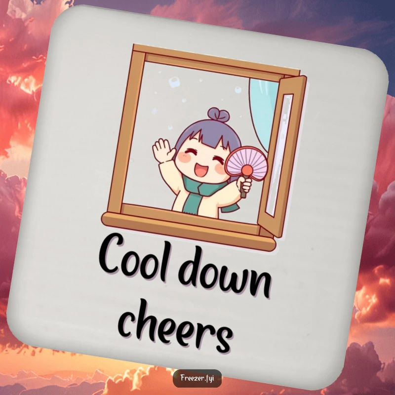 Funny drink coasters featuring a character enthusiastically fanning a small fan at a frosty window. Humorous table protection for winter gatherings.