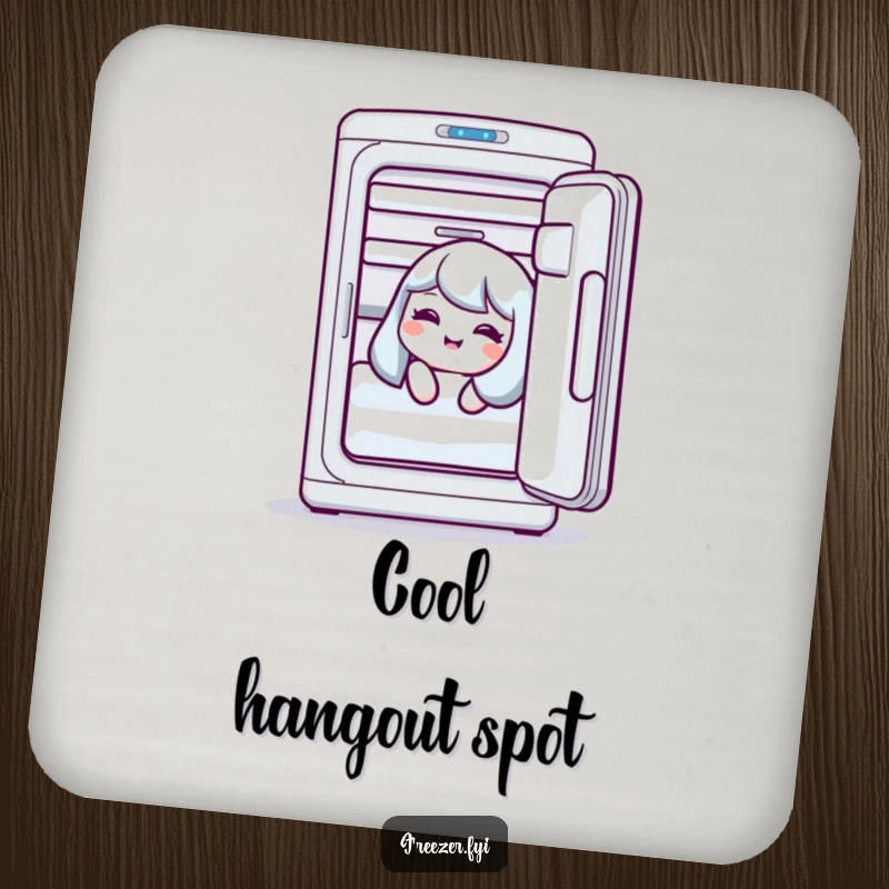 Funny drink coaster with a character giggling from an open freezer, protecting surfaces with playful humor.