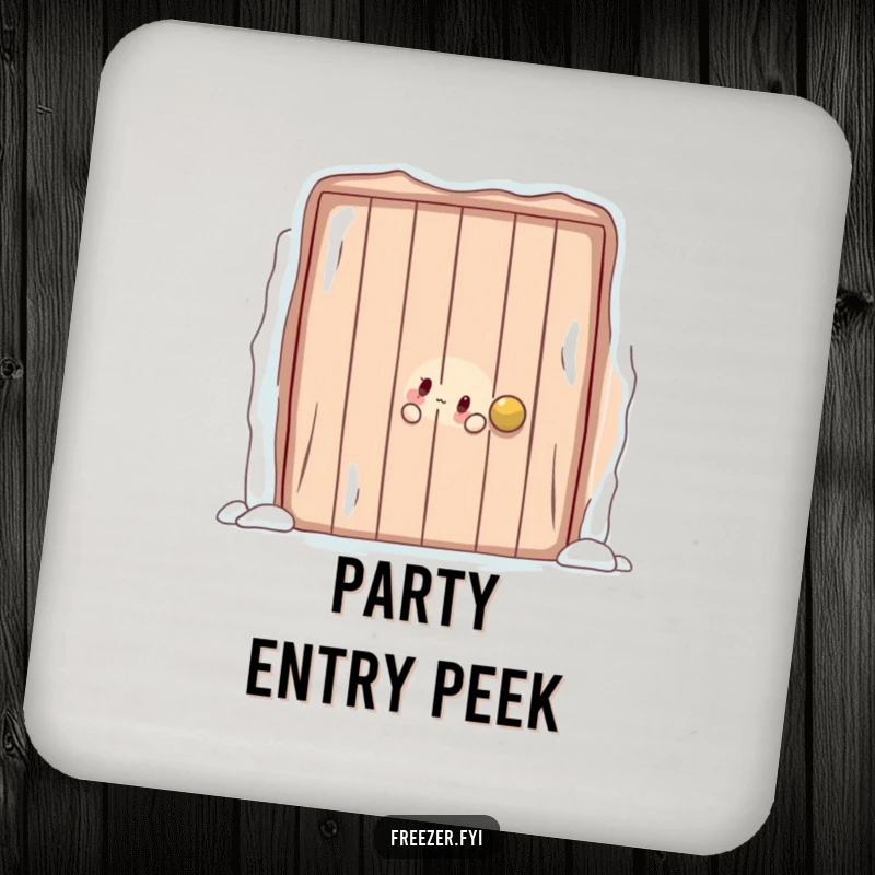 Funny coaster depicting a character playfully peeking out from behind a large, frosty door, serving as humorous and protective drinkware.