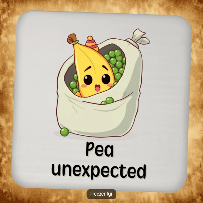 Funny drink coaster with a surprised banana wearing a tiny hat, peeking from behind a giant bag of peas, humorous coaster.