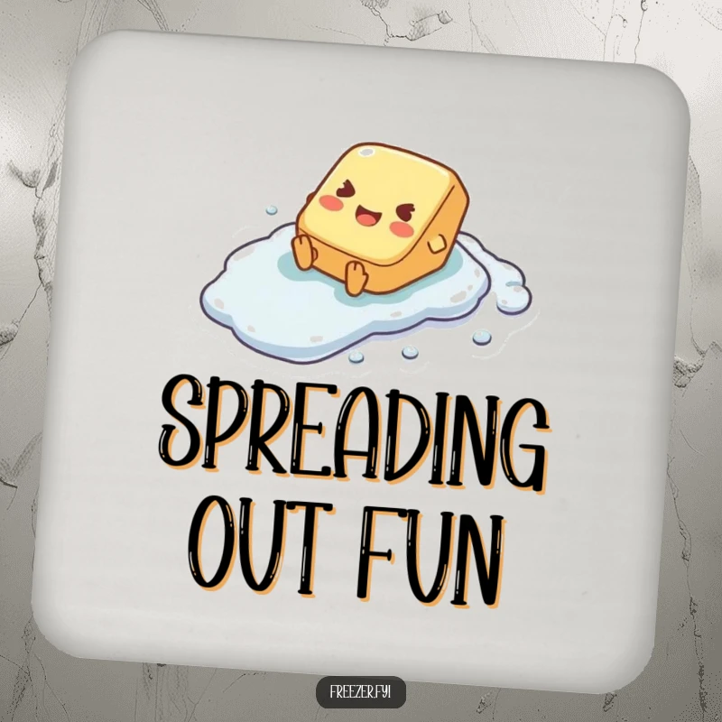 Funny drink coaster featuring a tiny butter pat character joyfully sliding down a frosty surface, preventing drink rings.