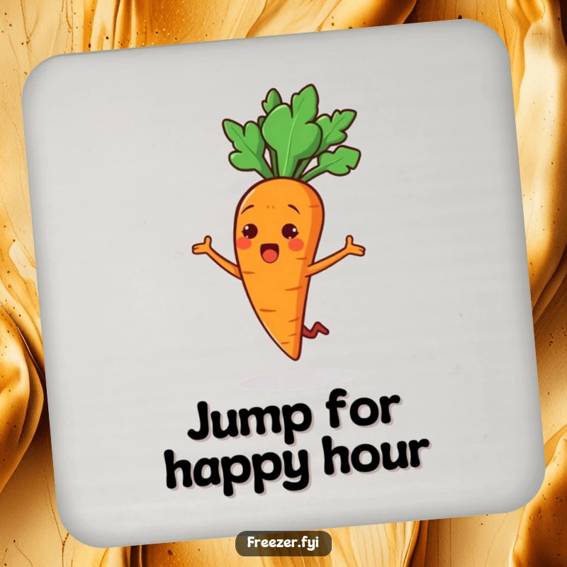 Funny drink coaster featuring a cheerful carrot stick character doing a surprised little jump, adding a humorous and protective element.