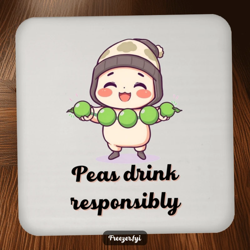 Funny drink coaster featuring a character in a toque cheerfully juggling three frozen peas, protecting surfaces with kitchen humor.