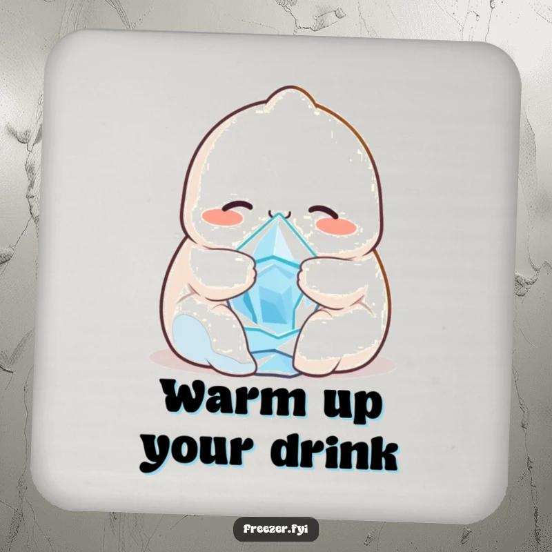 Funny drink coaster featuring a smiling dumpling character hugging a tiny, shivering ice crystal, adding a humorous and protective element.