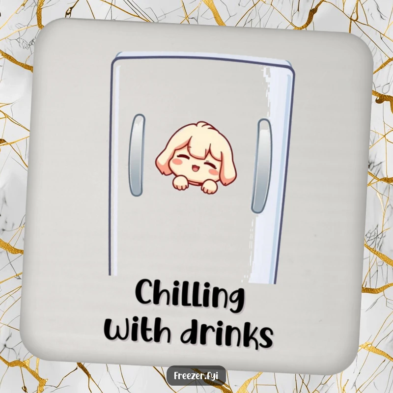 Funny freezer coaster showing a small character peeking from a freezer door, giving a sly wink.