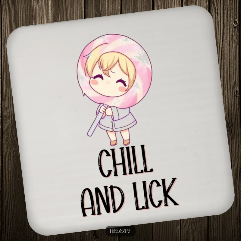Funny coaster showing a character shivering while holding an enormous, ice-covered lollipop, offering humorous protection for surfaces.