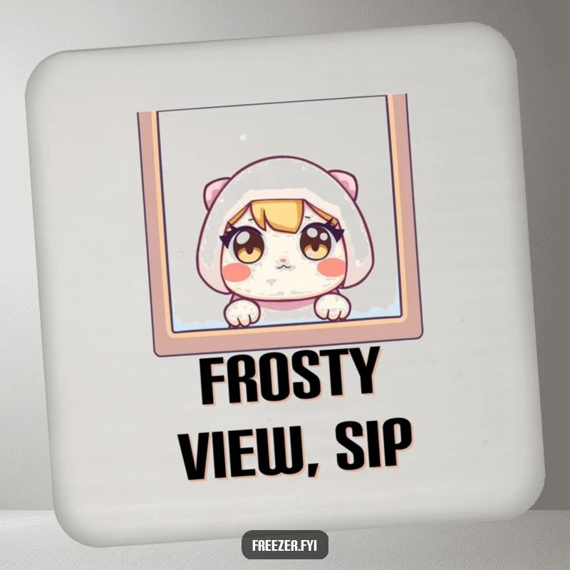 Funny drink coaster showing a character's wide eyes peeking through a frosty window, adding a humorous touch to table settings.