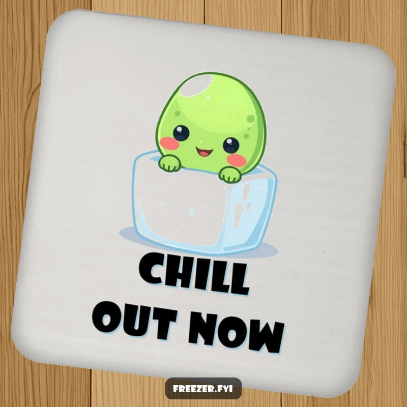 Funny frozen pea coasters featuring a smiling character peeking from a tiny ice cube, protecting surfaces with cool charm.