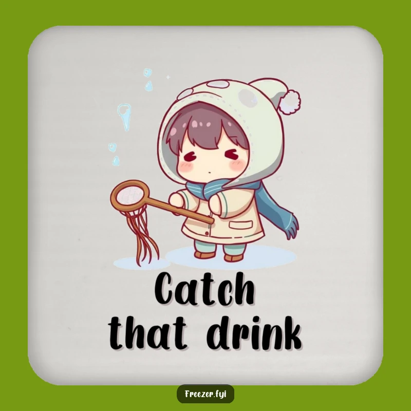 Funny Icicle Catcher Coaster: Character Catches Falling Ice with Net