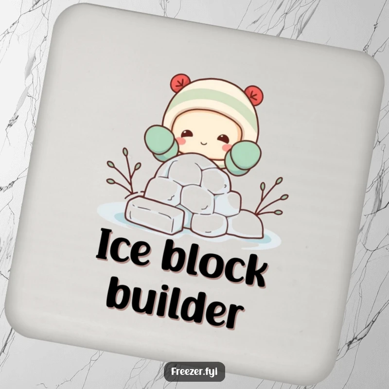 Funny drink coasters featuring a happy character in mittens, building a miniature igloo from ice blocks, protecting surfaces with winter humor.