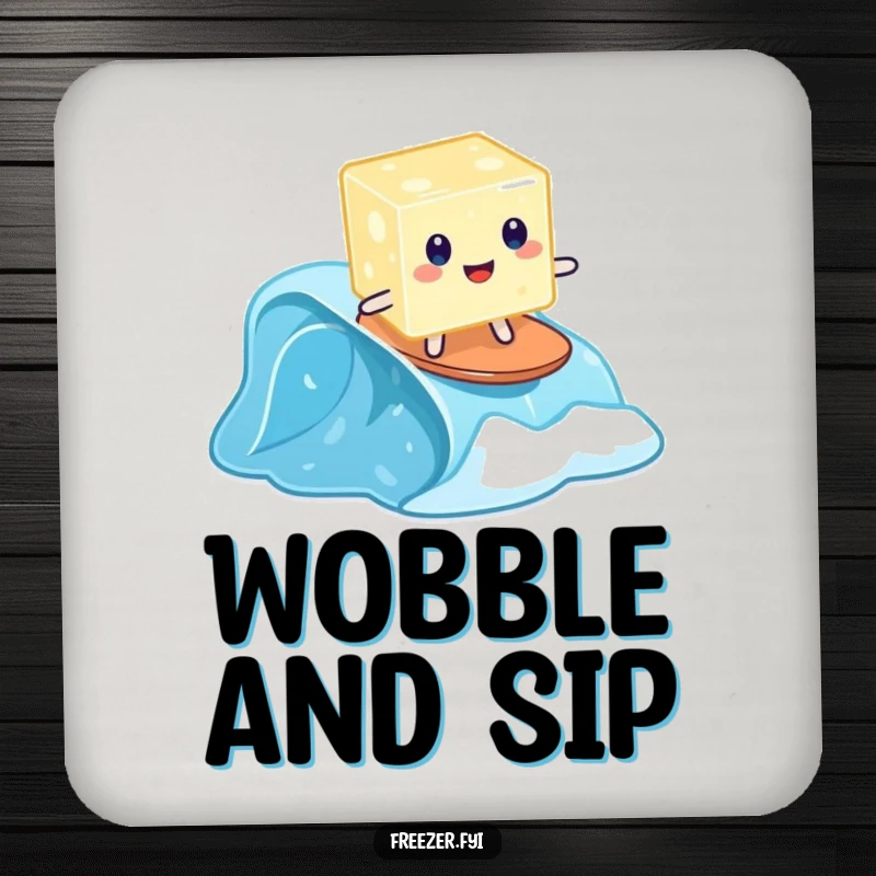 Funny drink coaster with a wobbly jelly cube surfing on a tiny frozen wave, humorous coaster.