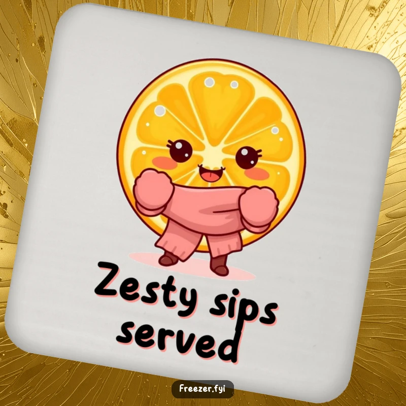 Funny drink coasters with a joyful orange slice character in winter attire, adding humor and surface protection.