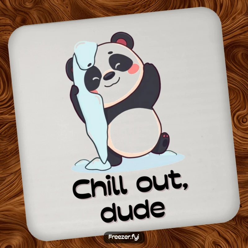 Funny panda coaster featuring a playful panda attempting to hug an icicle, protecting surfaces with cute humor.