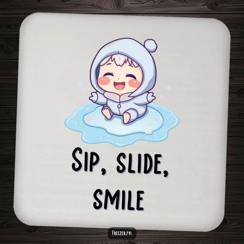 Funny drink coaster with a laughing character with icy blue cheeks sliding on a frozen puddle, adding humor to drink service.