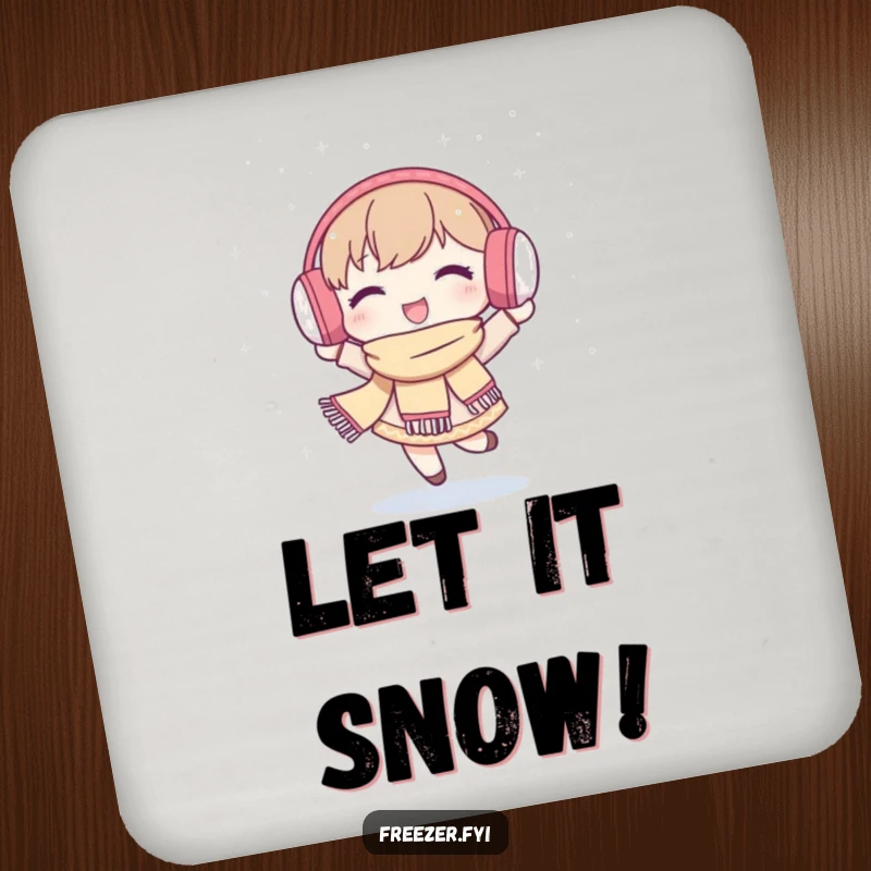 Funny coaster art of a character happily dancing in snowflakes, wearing earmuffs and scarf, adding winter charm to any table.