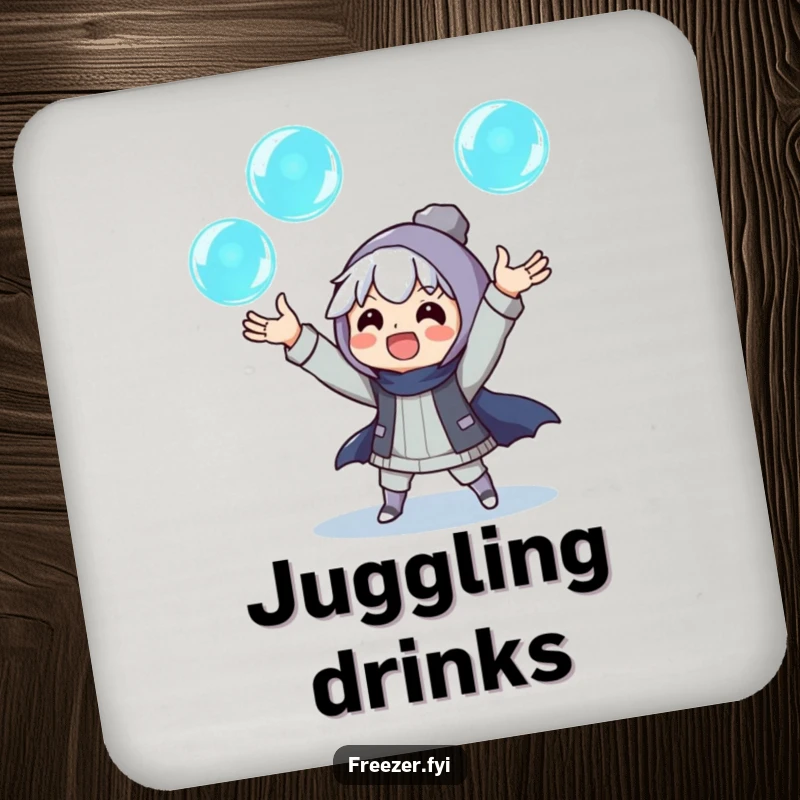 Funny drink coasters featuring an excited character juggling three glowing ice orbs, protecting surfaces with magical winter humor.