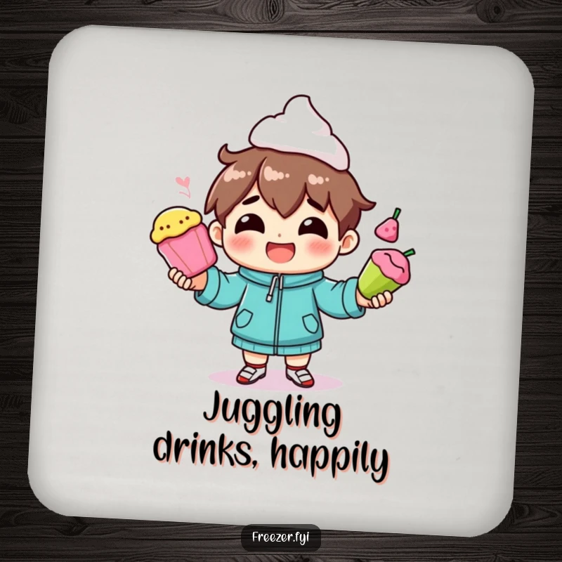 Funny drink coaster with a character smiling while juggling frozen foods, protecting surfaces with playful humor.