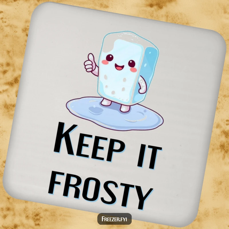 Funny ice cube coasters featuring a happy cartoon ice cube giving a thumbs up from a puddle, protecting surfaces with style.