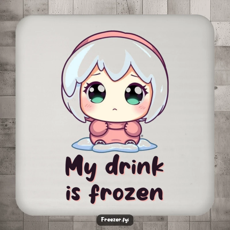 Funny drink coaster featuring a character with wide, amazed eyes looking at a glowing icicle, protecting surfaces with charm.