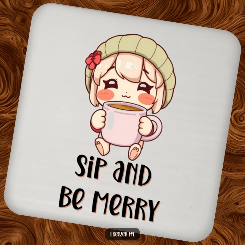 Funny coaster with a rosy-cheeked character happily holding a warm mug, providing charm and surface protection.