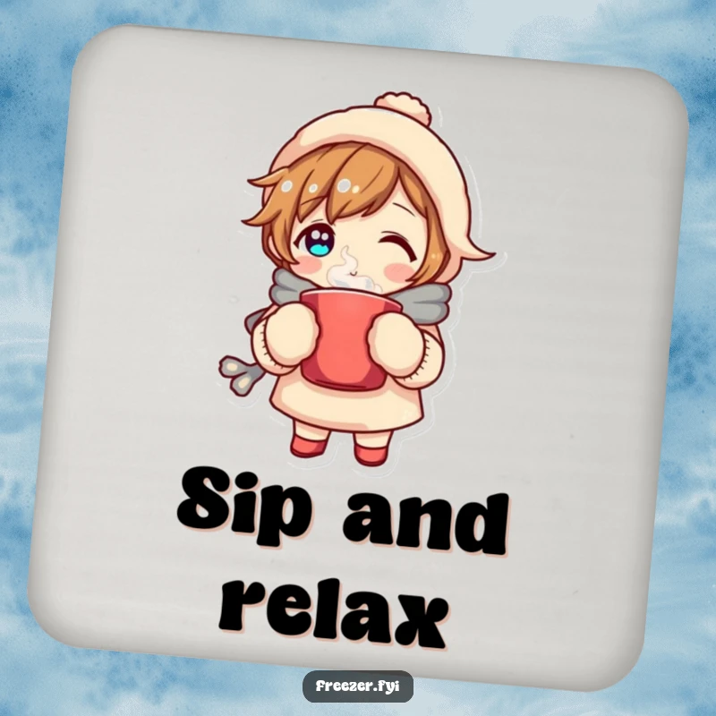 Funny coaster depicting a character in mittens holding a steaming mug, radiating cozy vibes and providing humorous protection for surfaces.