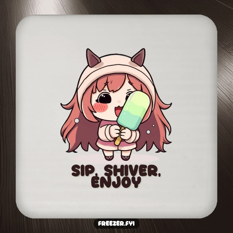 Funny drink coaster with a character with rosy cheeks shivering dramatically while holding a small popsicle, adding humor to drinks.