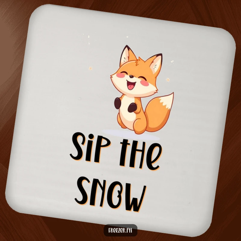 Funny Coaster: A small coaster featuring a happy fox gleefully chasing falling snowflake patterns, perfect for adding winter humor to drinks.