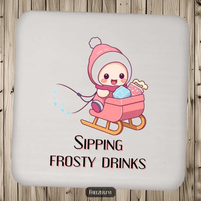 Funny coaster art of a character pulling a sled loaded with frosty treats, a sweet addition to any beverage setting.