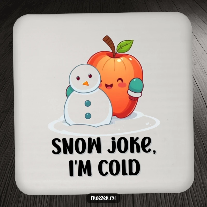 Funny coaster with a cheerful apple wearing mittens, hilariously attempting to build a snowman, adding a touch of winter humor to drink service.