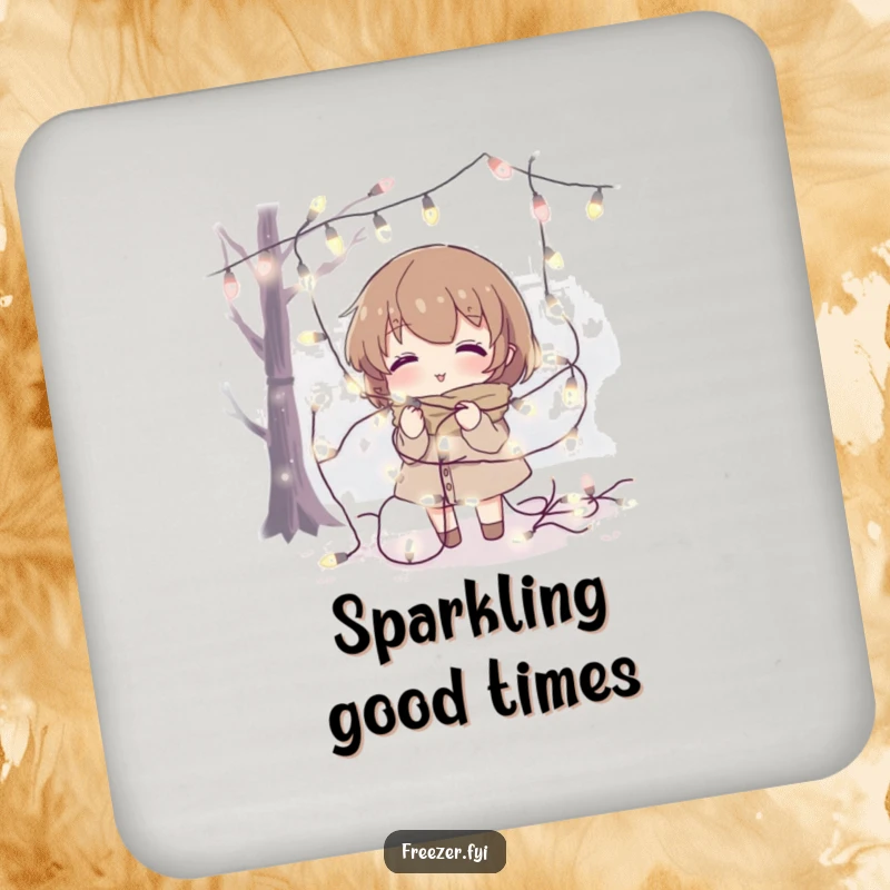 Funny drink coaster with a character tangled in fairy lights in a cold setting, protecting surfaces with festive humor.