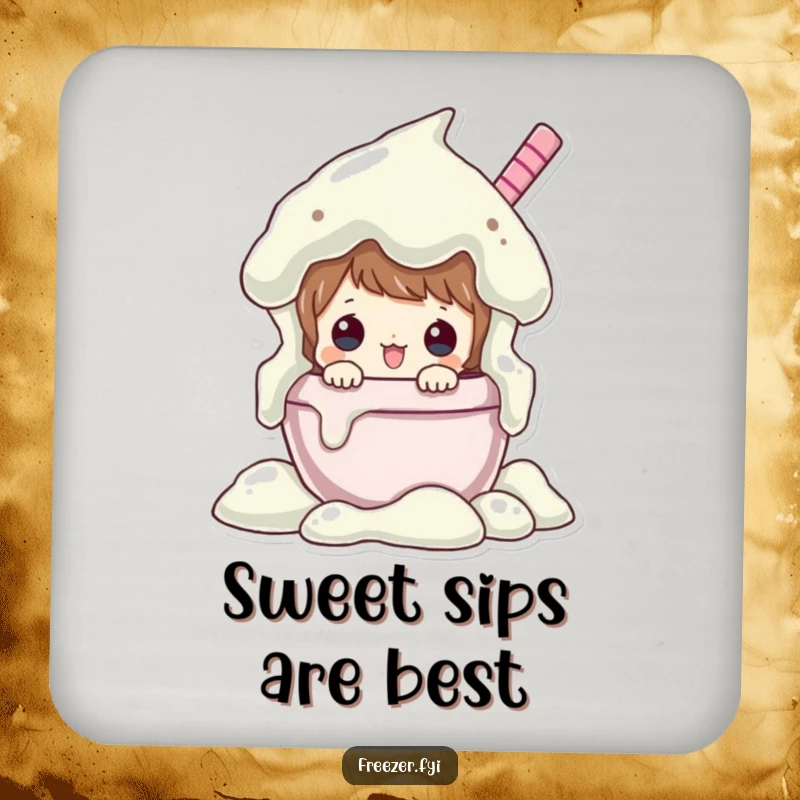 Funny coasters designed with a character peeking from an overflowing ice cream tub, adding a sweet and humorous touch to drink protection.