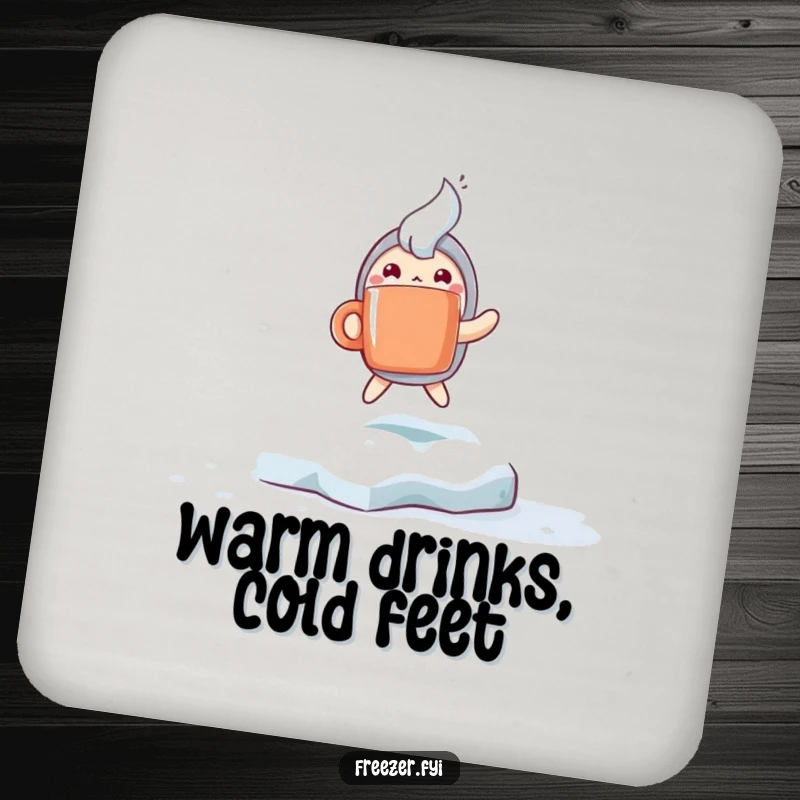 Funny drink coaster showing a character with a steaming mug hopping excitedly on a frosty surface, protecting surfaces with winter humor.