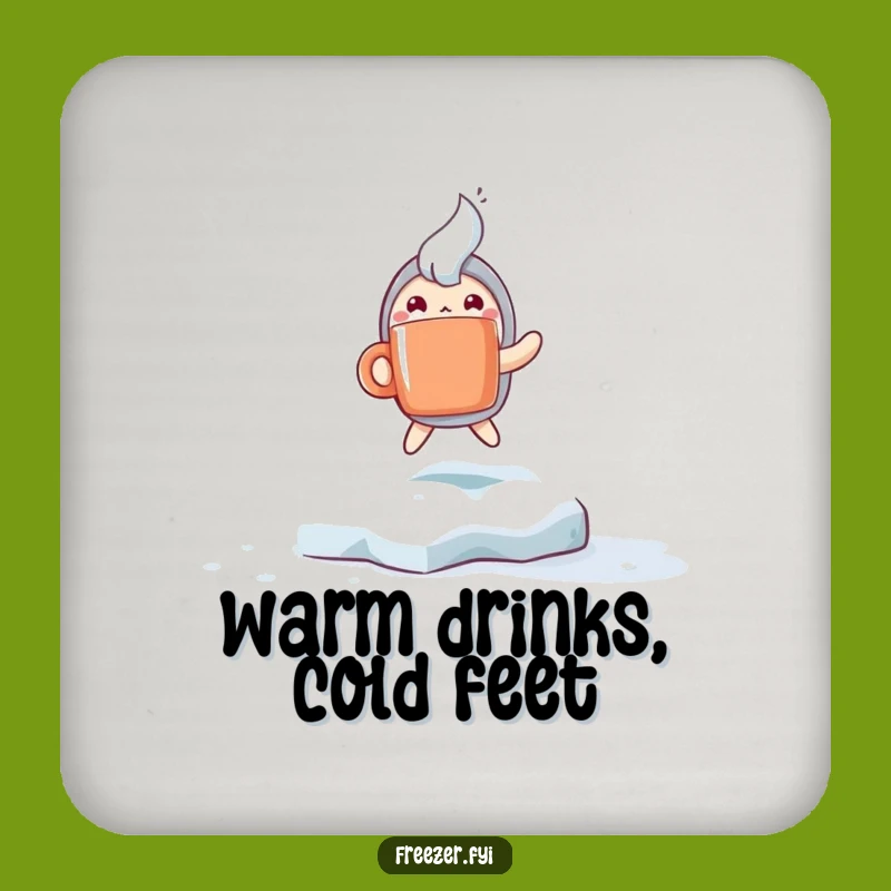 Funny Frosty Fun Coaster: Excited Character Hops with Steaming Mug