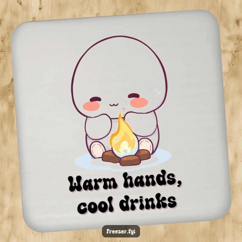 Funny drink coasters featuring a rosy-cheeked character happily warming their hands by a small, glowing ice fire, protecting surfaces with cozy humor.