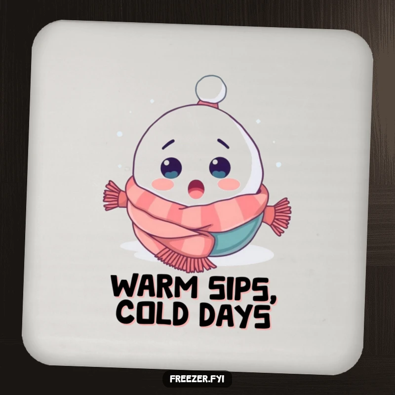Funny drink coaster featuring a surprised snowball character tumbling headfirst into a cozy scarf, offering protection with winter humor.